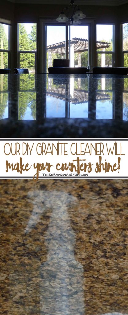 DIY Granite Cleaner Here is what you need to know about safely cleaning granite, marble and stone surfaces. These surfaces do NOT do well with acidic (citrus-based) cleaners. The vinegar or citrus can cause what looks like “etching” on your granite counter tops. Windex is another no go, it will quickly strip the “seal” off of your granite/stone. You are now left with two options, expensive over the counter products or make your own. This granite cleaner only uses four ingredients, is inexpensive to make, and produces beautiful results. The photos above show how beautiful my counters look after using my granite cleaner.