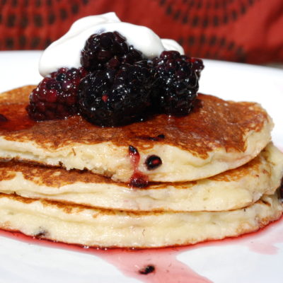 Almond Pancakes with Blackberry Honey Syrup and Greek Yogurt Sweet Cream