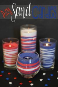 #DIY Sand Candles - I love these! I used drinking glasses and a votive I bought from a thrift store, added the #sand and a tea #candle. 30 minutes later I have 4 great candles for #4th of July. Made all four candles for $8 bucks! This pin was tested and reviewed by one of the 3 crazy sisters at https://www.thisgrandmaisfun.com/