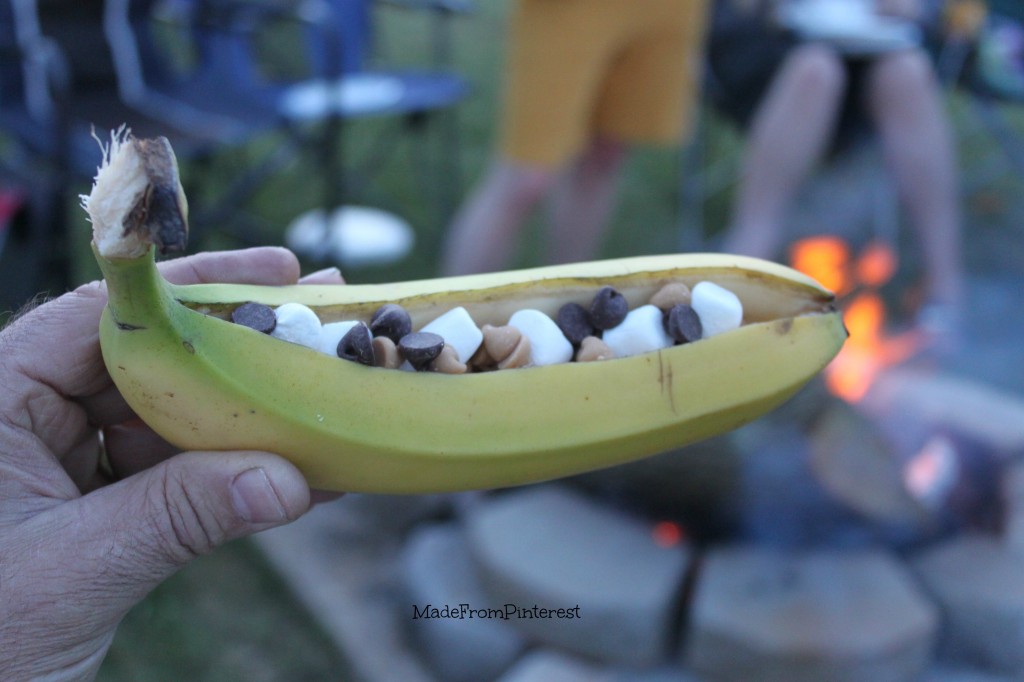 Filled Banana Boat ready to cook. Banana Boat Tutorial from sisters at MadeFromPinterest