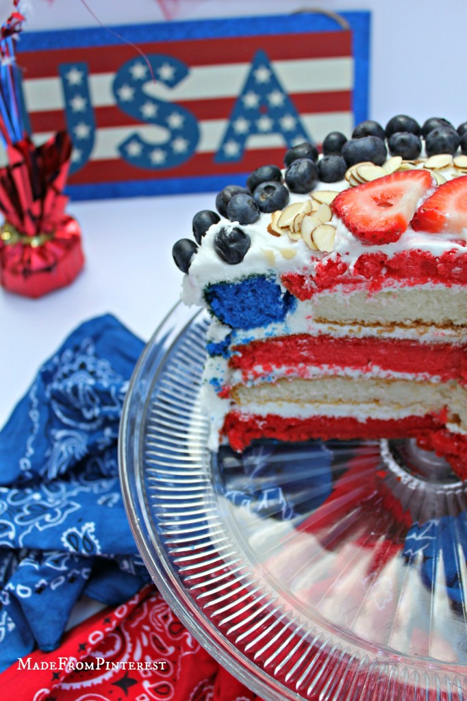I flavored the frosting with almond extract. So good with the berries and almond slivers. This is a patriotic powerhouse! Tutorial from the sisters at MadeFromPinterest