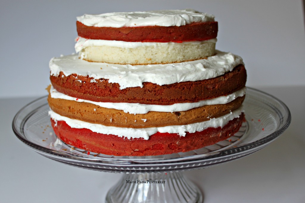 Red and white layers for American Flag Cake. Tutorial from sisters at MadeFromPinterest