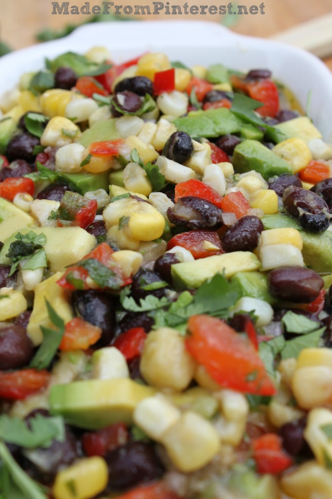 Corn and Black Bean Salsa with Lime Cilantro Vinaigrette. Bring a copy of the recipe to the potluck with you for this one! They are going to ask you for it. Print you copy at MadeFromPinterest.net
