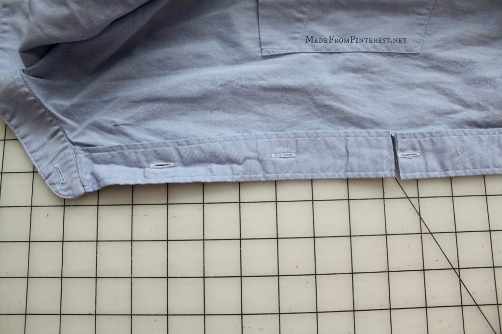 Pioneer shirt-Cut the shirt just above the third button hole.