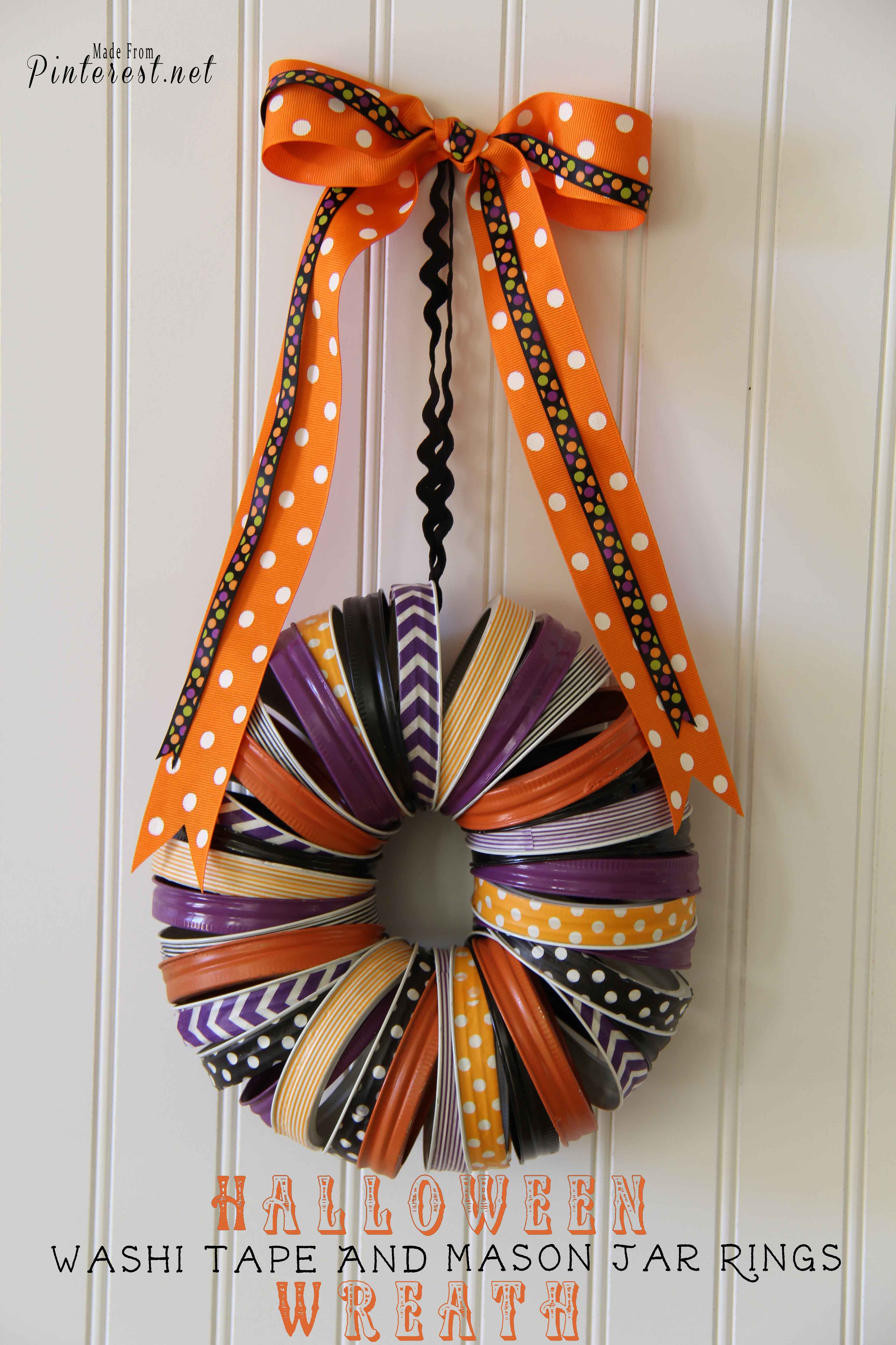 Halloween Wreath - Make this darling Halloween wreath with mason jar rings and washi tape. #Halloween #Craft #DIY