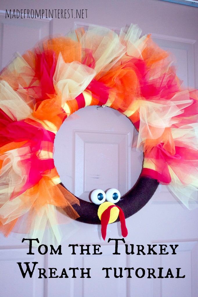 Create this darling turkey wreath to greet your Thanksgiving guests when they arrive!  From MadeFromPinterest.net