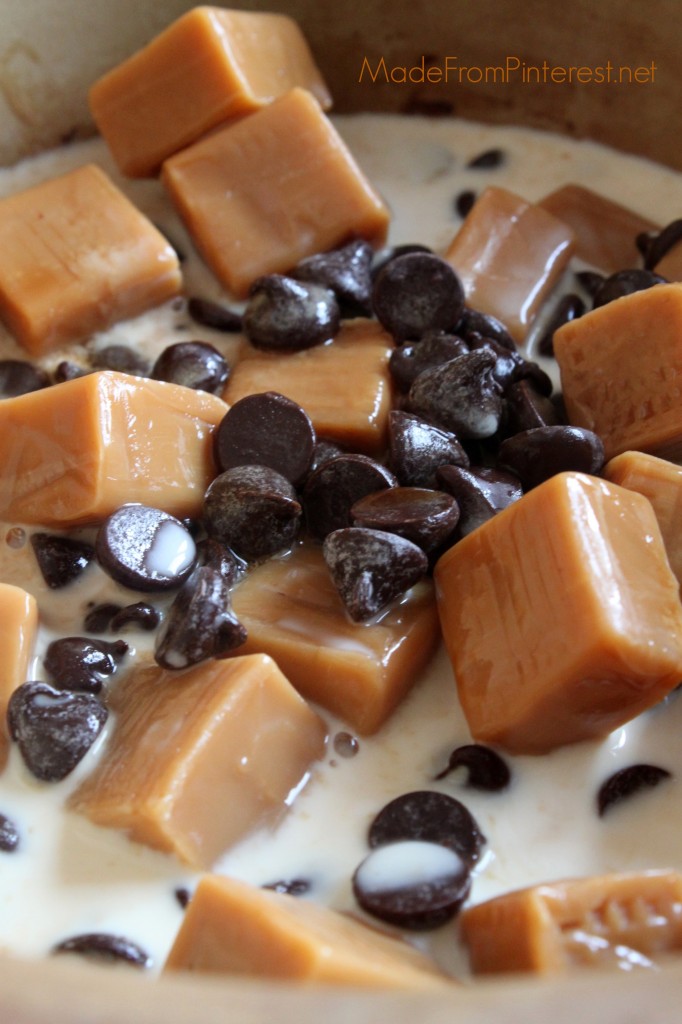 Easy Chocolate Caramel Fondue - Caramel squares, chocolate chips and condensed milk bake into dipping perfection. Better than any restaurant!