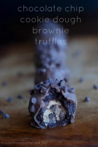 Chocolate Chip Cookie Dough Brownie Truffles.  Chocolatey, rich and decadent.  My kinda treat!