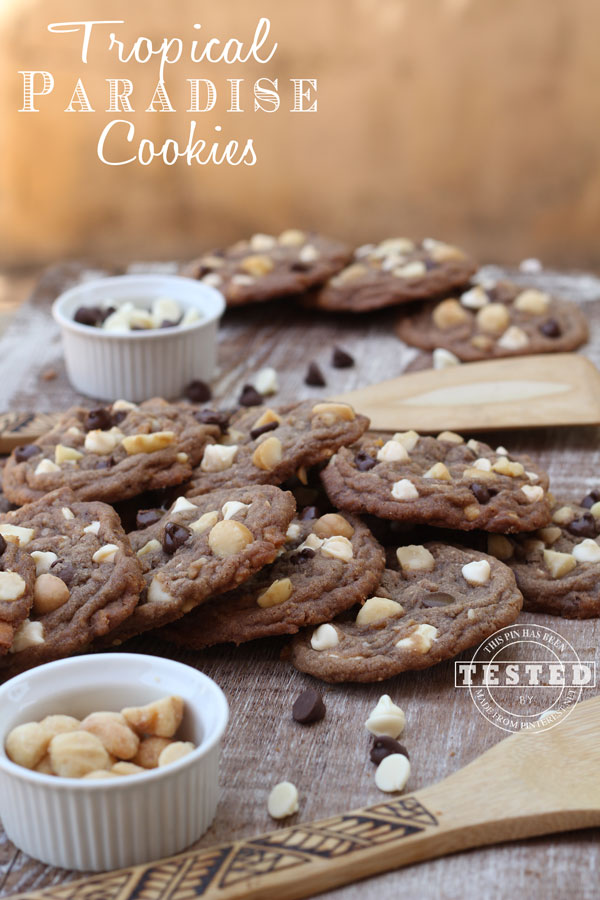 Tropical Paradise Cookies - I decided to change up an old tried and true Chocolate Chip Cookie recipe.This time I added white and bittersweet chocolate chunks and white nad bittersweet chocolate chips, coconut, macadamia nuts and chopped dried mango! The dried mango makes these cookies to die for!