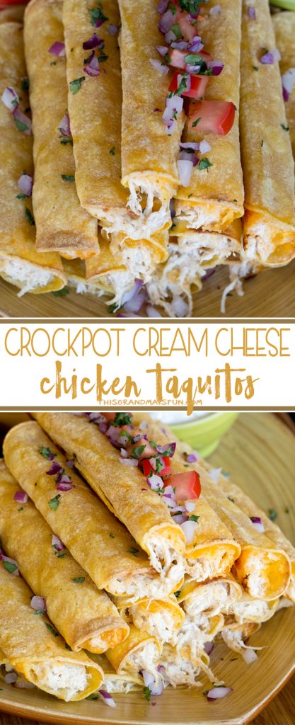 Crockpot Cream Cheese Taquitos - Use your crockpot to make this moist flavorful creamy chicken. Fill flour or corn tortillas with cream cheese chicken and cheese, bake and enjoy! These are fantastic!