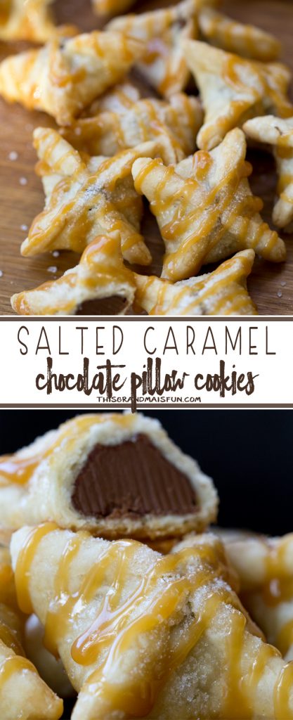Salted Caramel Chocolate Pillows - These amazing little pillows start with a Hershey's Kiss wrapped in pie crust that is baked to perfection. Topped with caramel and a hint of Mediterranean Sea Salt. Two bites of pure heaven!