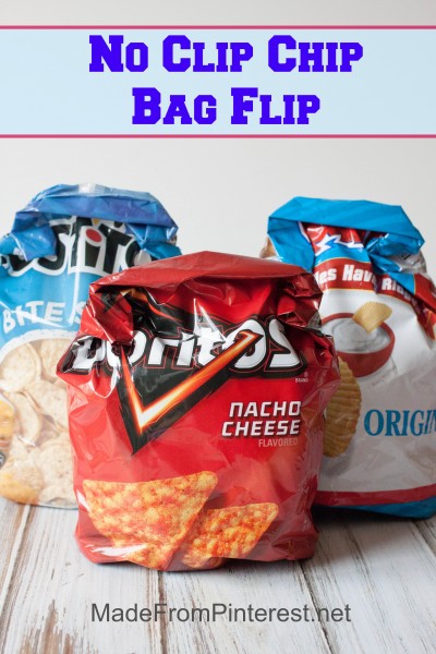 The No Clip Chip Bag Flip is an easy way to fold your chip bag so that chips won't spill and the bag won't unroll. Life changing!