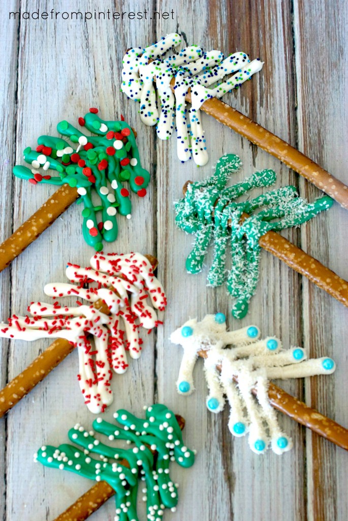 There are so many possibilities to make these darling Pretzel Christmas Trees. Kids really love sprinkling all of the "sprinkles!!"