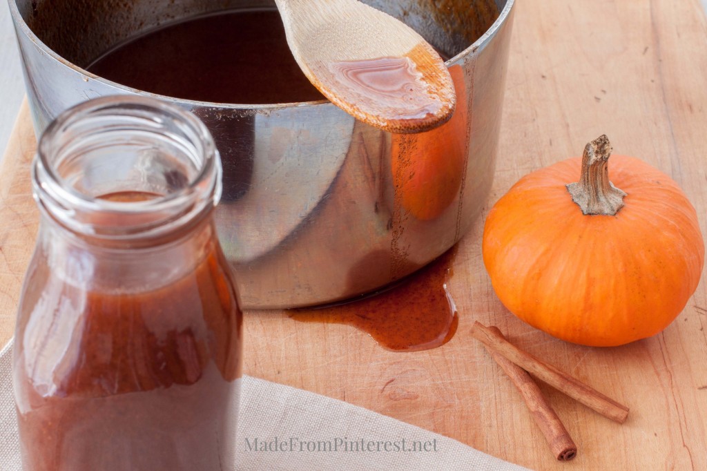 Easy Homemade Pumpkin Syrup is perfect on pancakes or hot chocolate/lattes.