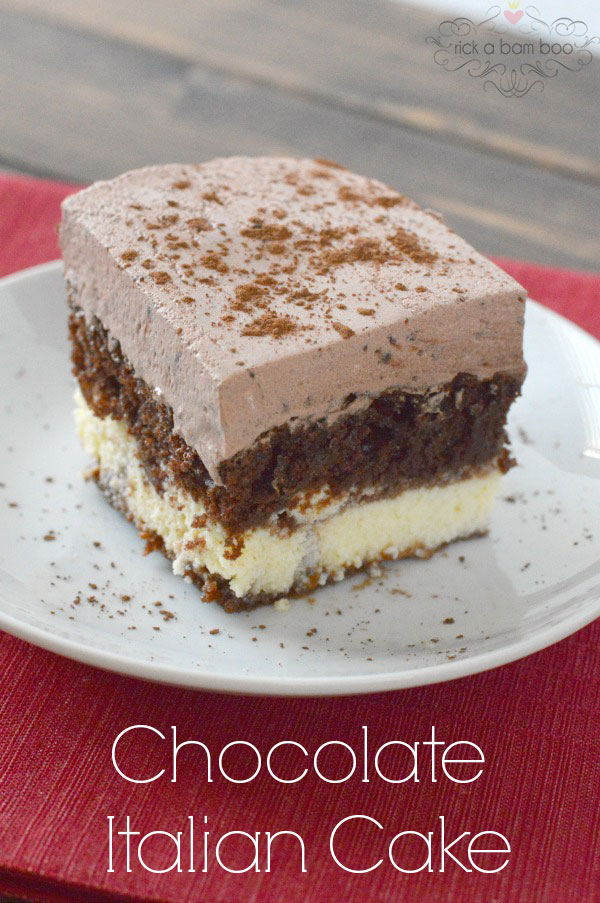 The most amazing Chocolate Italian cake recipe with a chocolatey whipped frosting and cream cheese layer!