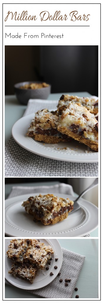 These Million Dollar Bars are the result of an addiction to the Cafe Zupas bars! They are layered with coconut, chocolate chips, chopped walnuts and graham cracker crust!
