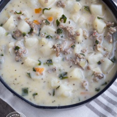Italian Sausage Soup Recipe - Chock-full of spinach, sausage and potatoes, this hearty soup is delicious and quick to make. You may want to make a double batch, it freezes up perfectly!