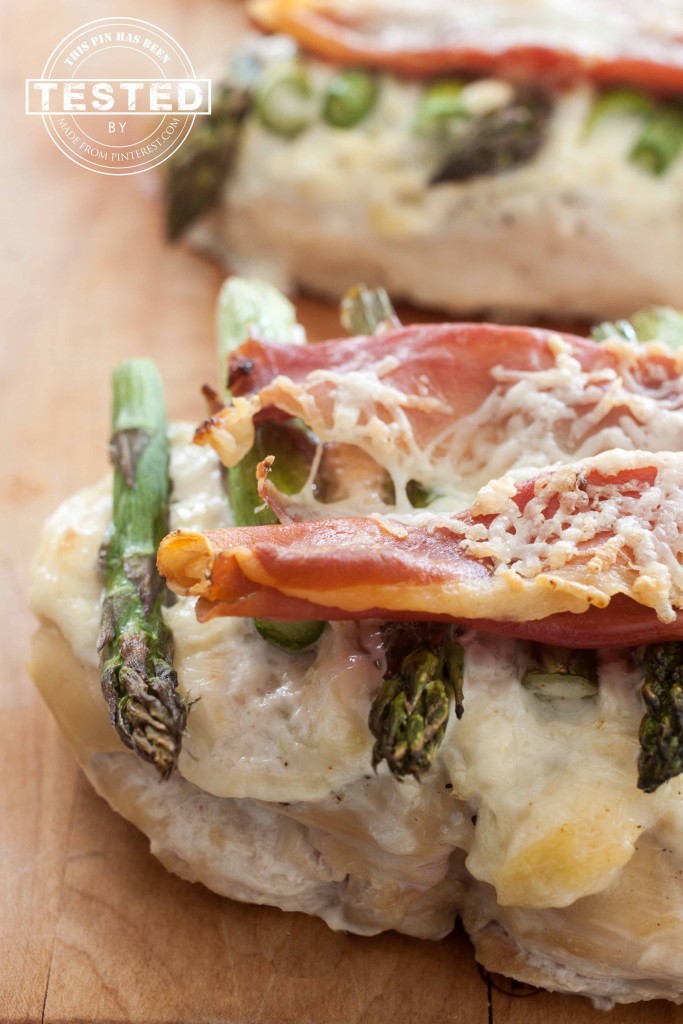 Triple A Chicken Bake - Artichokes, Asparagus and Asiago cheese topped chicken. Crunchy Prosciutto topping makes this taste amazing!