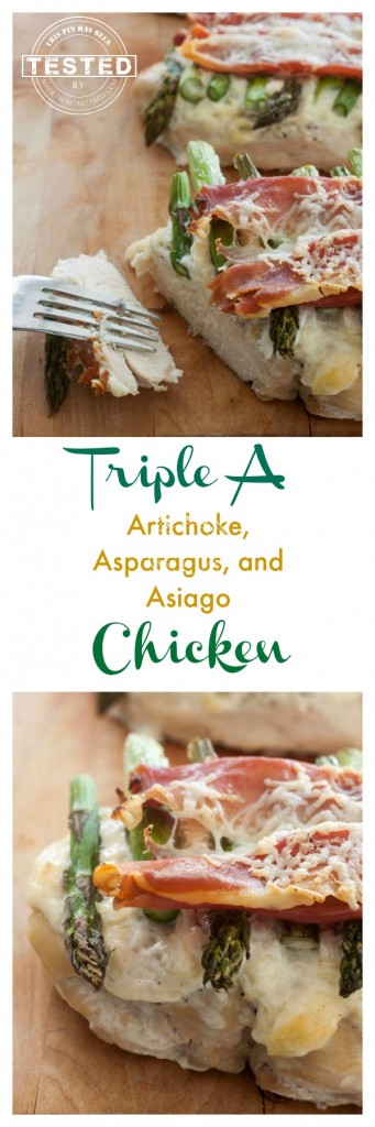 Triple A Chicken Bake - Artichokes, Asparagus and Asiago cheese topped chicken. The sauce on top is also a dip you will be licking off your plate! Crunchy Prosciutto topping makes this taste amazing!