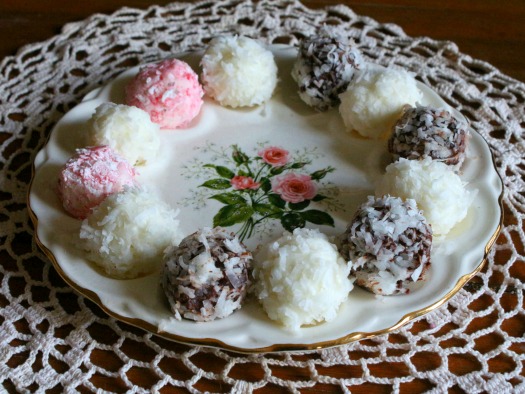 coconut cream cheese truffles are easy enough to make to be a family project.