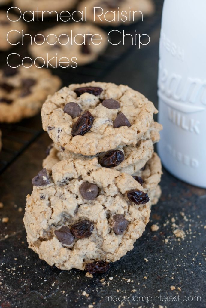 This Oatmeal Raisin Chocolate Chip Cookie recipe makes a MONSTER BATCH of cookies! Perfect for parties.