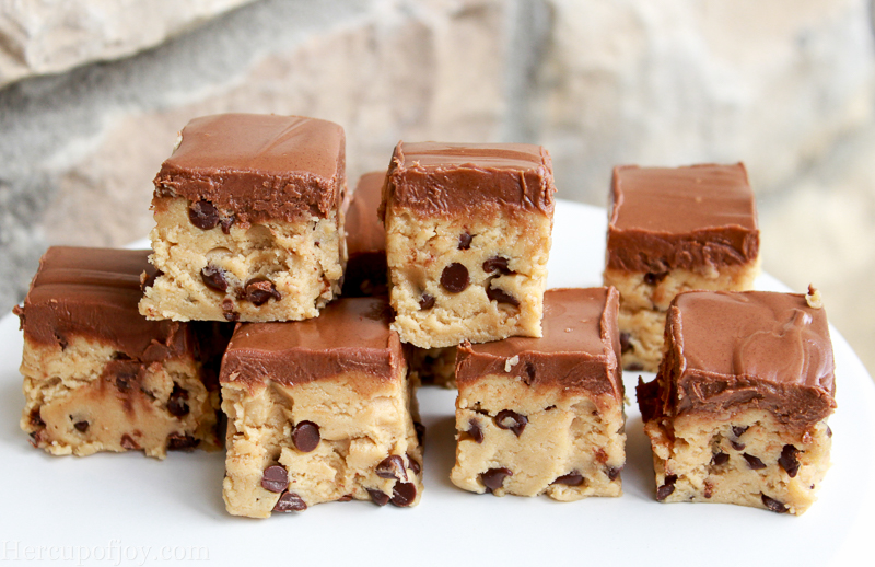 PB Chocolate Chip Cookie Dough Bars - Irresistible chewy, soft cookie dough bars with mini chocolate chips and a hint of peanut butter, topped with a luscious chocolate peanut butter ganache topping.