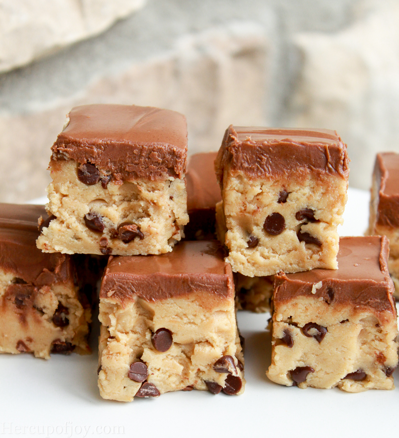 PB Chocolate Chip Cookie Dough Bars - Irresistible chewy, soft cookie dough bars with mini chocolate chips and a hint of peanut butter, topped with a luscious chocolate peanut butter ganache topping.