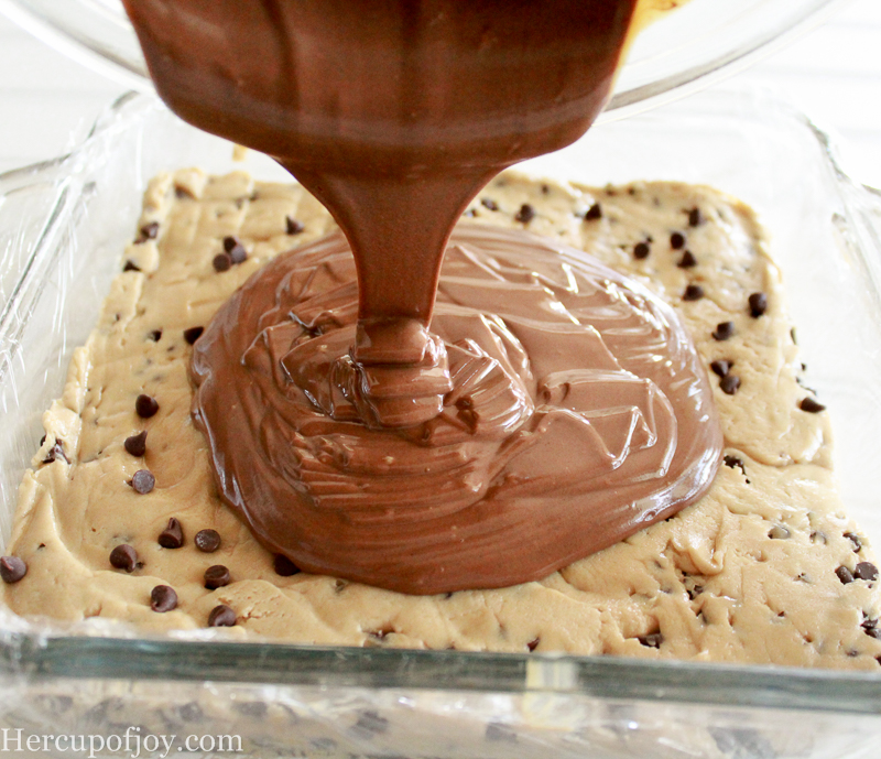 PB Chocolate Chip Cookie Dough Bars - Irresistible chewy, soft cookie dough bars with mini chocolate chips and a hint of peanut butter, topped with a luscious chocolate peanut butter ganache topping.