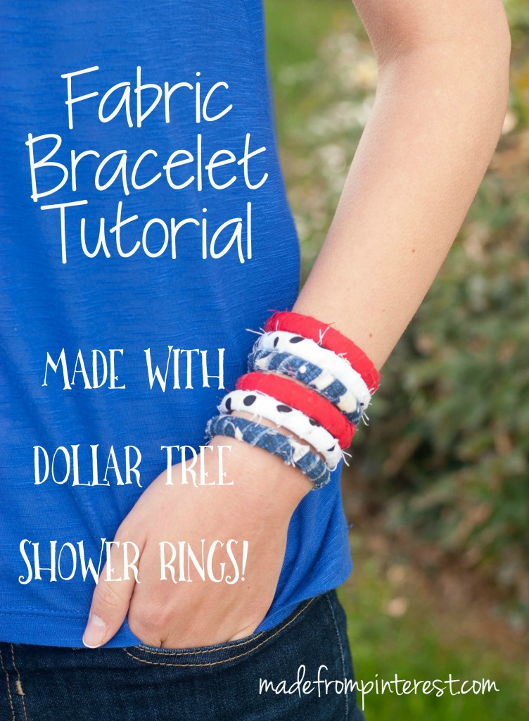 These fabric bracelets are SO cheap to make!  Your daughters are going to want to make some in every color!  Made with plastic shower rings from the Dollar Tree, you can get a pack of 12 for only $1.