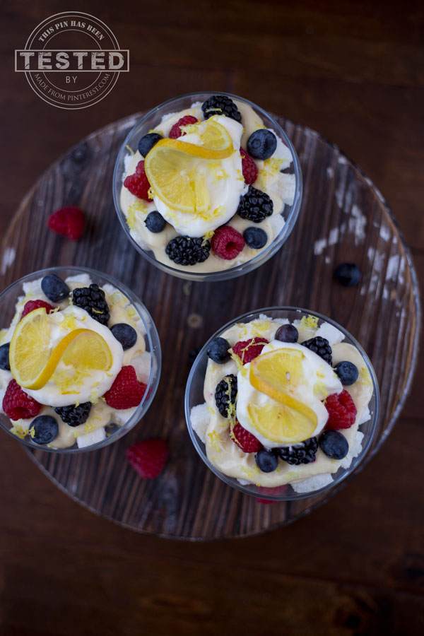 Hello Fresh Berries! Angel food cake & lemon curd mixed with cream cheese then topped with the flavor of fresh raspberries, blueberries & blackberries.