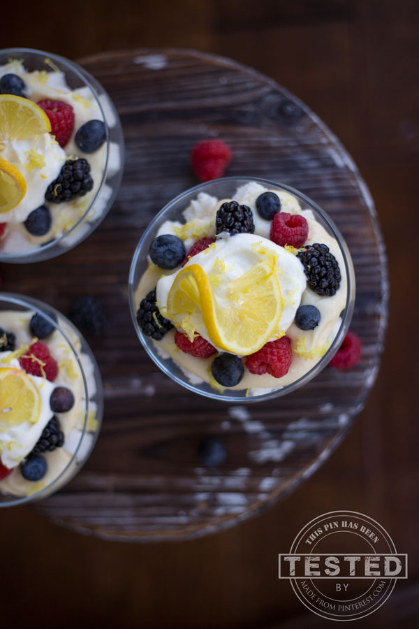 Hello Fresh Berries! Angel food cake & lemon curd mixed with cream cheese then topped with the flavor of fresh raspberries, blueberries & blackberries.