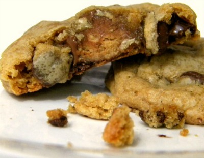 Chocolate chip cookies with a peanut butter cup inside -- gooey and chocolatey goodness in one bite.