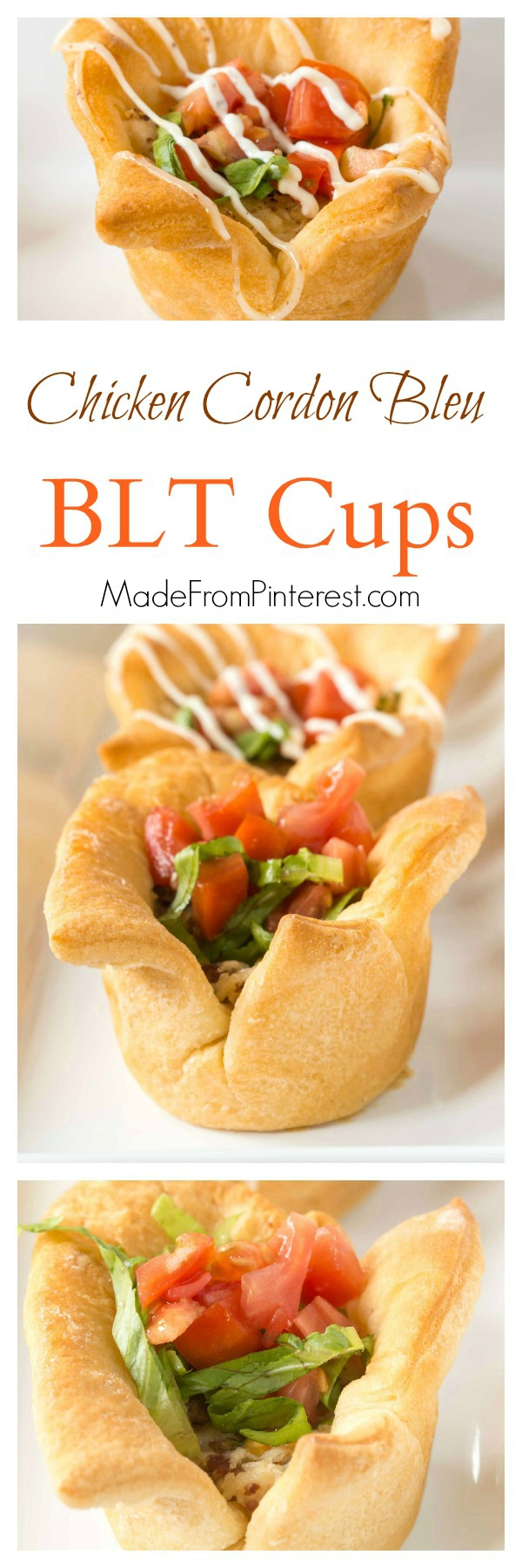 Don't pull out another tired frozen dinner. You can make these in the time it takes to get a pizza delivered! And you can make your own frozen dinner with these crescent roll cups filled with swiss cheese, chicken and bacon filling and topped with lettuce and tomato. These Chicken Cordon Bleu BLT Cups are AMAZING! A little drizzle of homemade dressing is the perfect finish. 