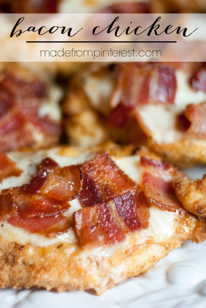 An easy recipe for moist chicken topped with cheese and bacon. Oh yes, I said bacon.