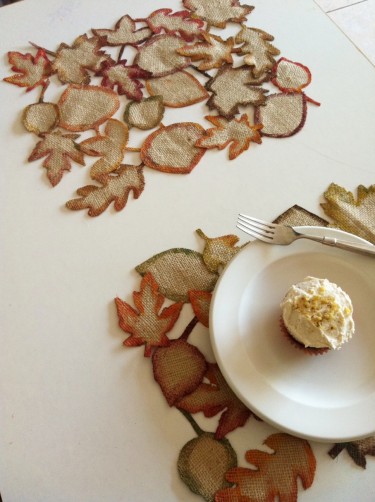 Leaf designed burlap placemat for the fall and Thanksgiving.