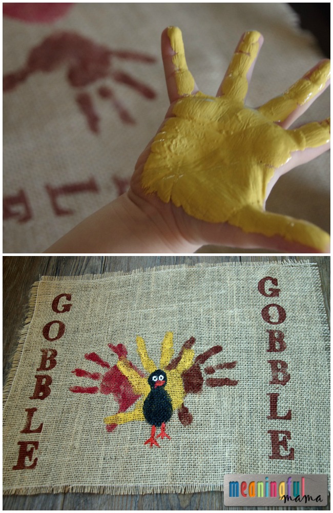 Hand and paint crafts for kids to make an adorable turkey placemat.