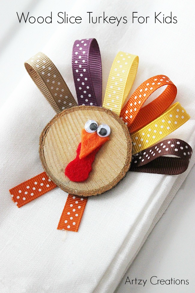 These are a fun, simple activity to keep kids busy while they wait for the food. These turkeys are made with a wood slice, which makes them a perfect table decoration as well. 