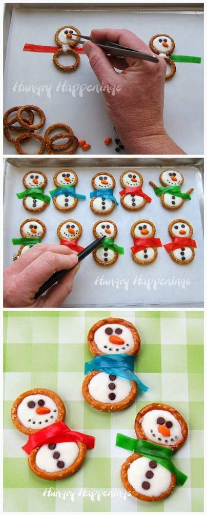 Snowmen Cookies with pretzels and fruit roll-ups!