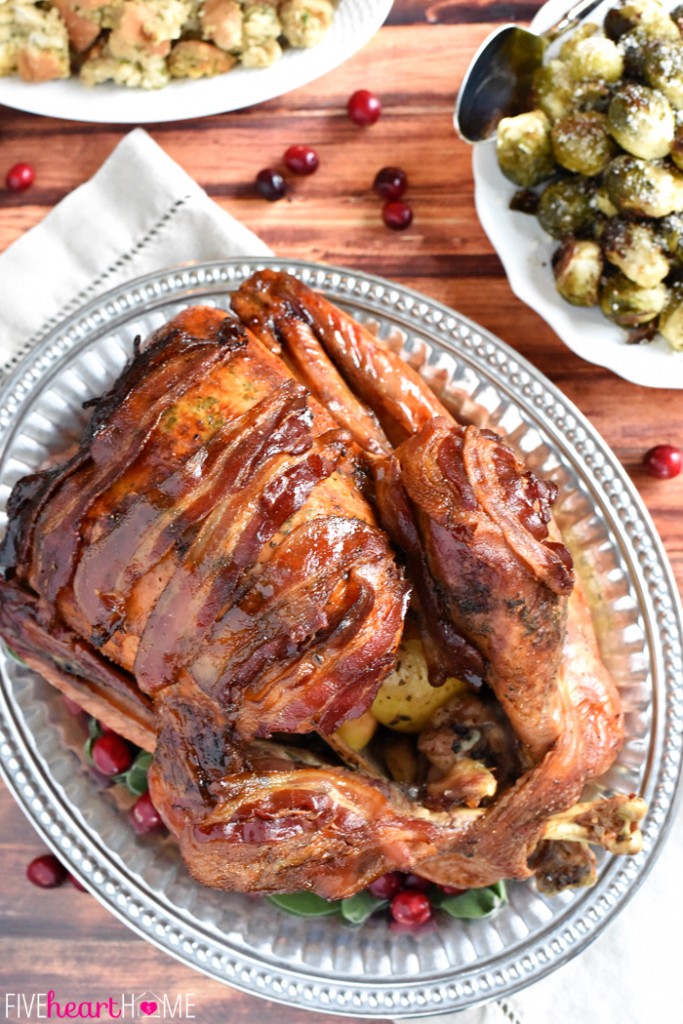 Maple glazed bacon turkey with sage butter.