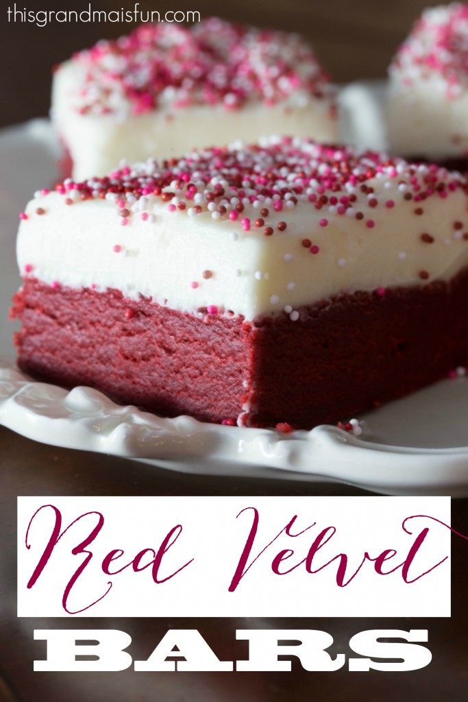 Thick and moist, if you love red velvet then these Red Velvet Bars will make your day! They are fun to make with the grandkids because what kid doesn't like sprinkling sprinkles? Although these would be great to make on Valentine's Day, they are just as fabulous all year long!