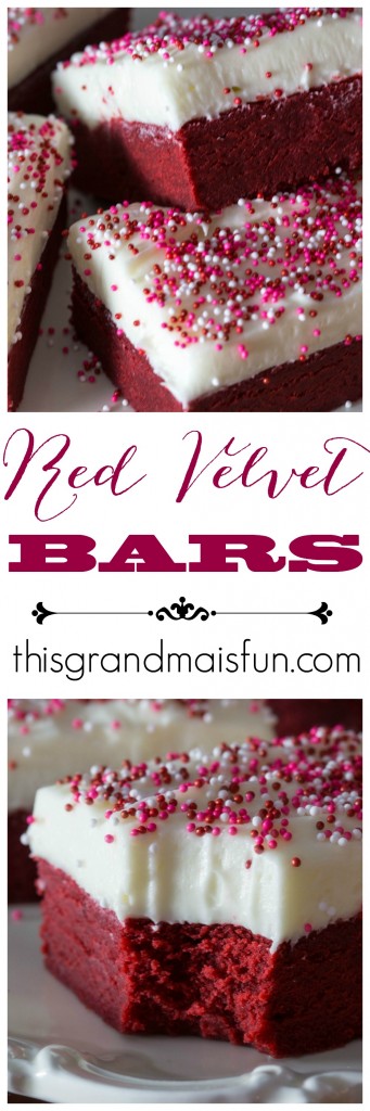 Thick and moist, if you love red velvet then these Red Velvet Bars will make your day! They are fun to make with the grandkids because what kid doesn't like sprinkling sprinkles? Although these would be great to make on Valentine's Day, they are just as fabulous all year long!
