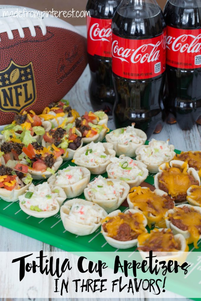 We have the answer to the question, what am I going to make for game day? In no time at all, you can have these Tortilla Cup Appetizers cooked up and hot and ready for your guests. Fill them with anything that you like, but we chose Taco, Crab and Cream Cheese and BBQ Pork. Your family and guests will love them.