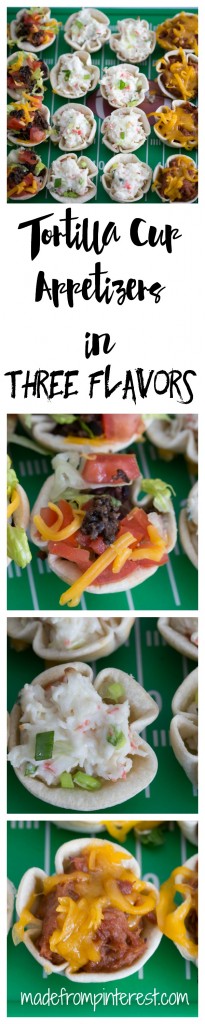 We have the answer to the question, what am I going to make for game day? In no time at all, you can have these Tortilla Cup Appetizers cooked up and hot and ready for your guests. Fill them with anything that you like, but we chose Taco, Crab and Cream Cheese and BBQ Pork. Your family and guests will love them.