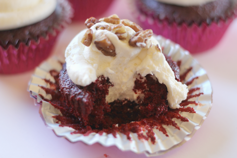 These Pecan Red Velvet Cupcakes are moist and sweet, with a little bit of delicious crunchiness.