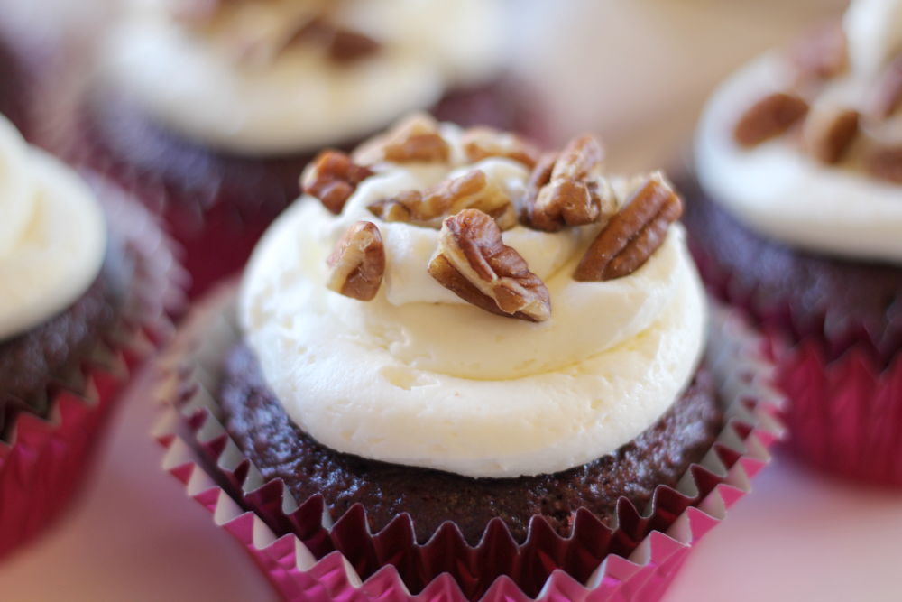 These Pecan Red Velvet Cupcakes are moist and sweet, with a little bit of delicious crunchiness.