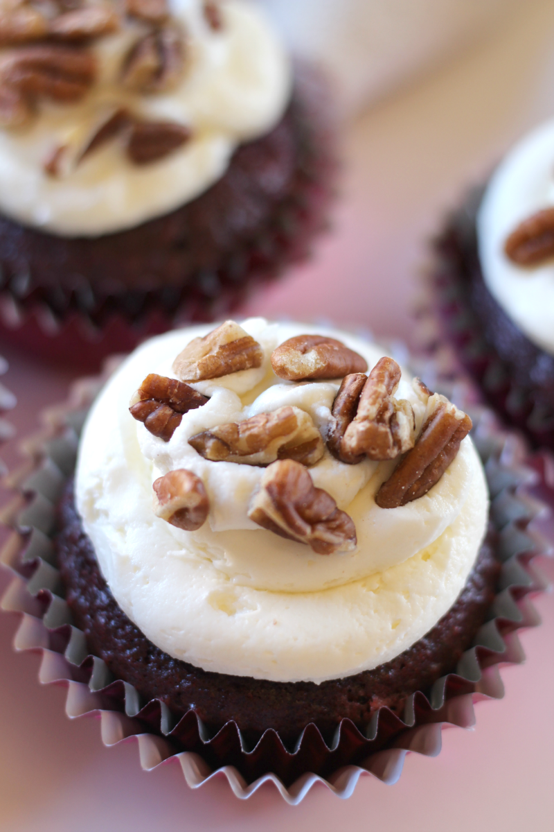 These Pecan Red Velvet Cupcakes are moist and sweet, with a little bit of delicious crunchiness.