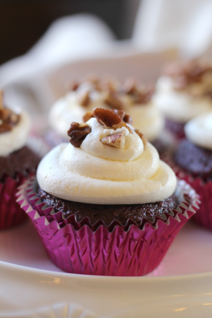 These Pecan Red Velvet Cupcakes are moist and sweet, with a little bit of delicious crunchiness.