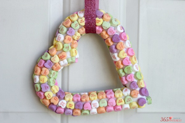 candy heart wreath and ribbon