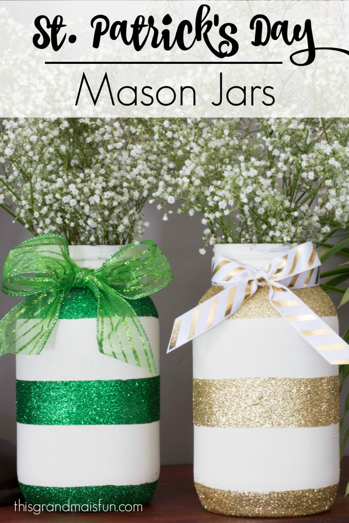 Green from a shamrock and gold from the treasure at the end of the rainbow, these St. Patrick's Day Mason Jars will add a little sparkle to your day. Make these in different colors for different holidays. Super easy but oh so pretty!