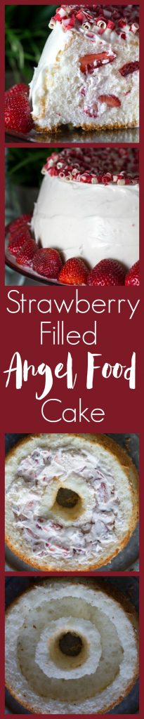 Fluffy Angel Food Cake stuffed with strawberries and whipped cream. Frosted with a cream cheese frosting. This recipe shows you exactly how to stuff this cake. So easy but so impressive. People will want to know how you did it.